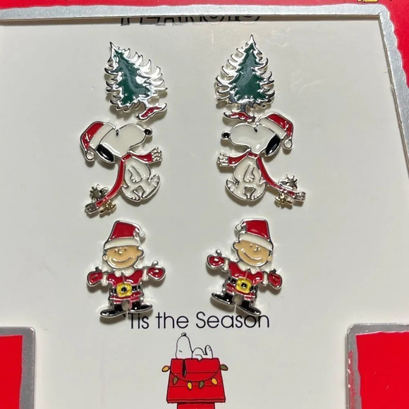 Snoopy Christmas Holiday Peanuts Trio 3 Piece Silver Plate Earrings - Picture 3 of 6